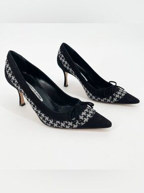 Manolo Blahnik Suede Houndstooth Bow Pointed Toe Pumps Heels 37
